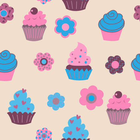 Seamless pattern with a cute cupcakes and flowersのイラスト素材
