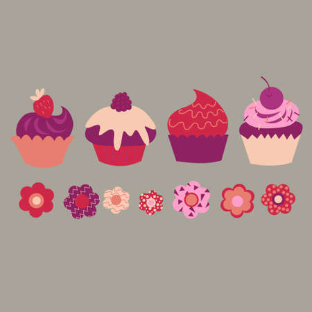 Nice set with a different decorative cupcakes and flowersのイラスト素材