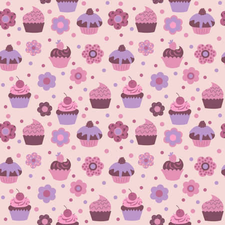 Cute floral seamless texture with a decorative cupcakesのイラスト素材