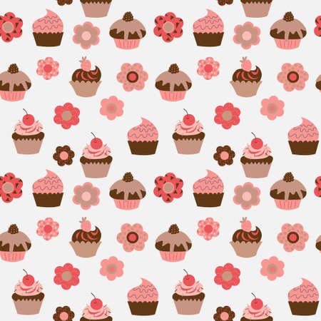 Cute seamless pattern with a cupcakes and flowersのイラスト素材