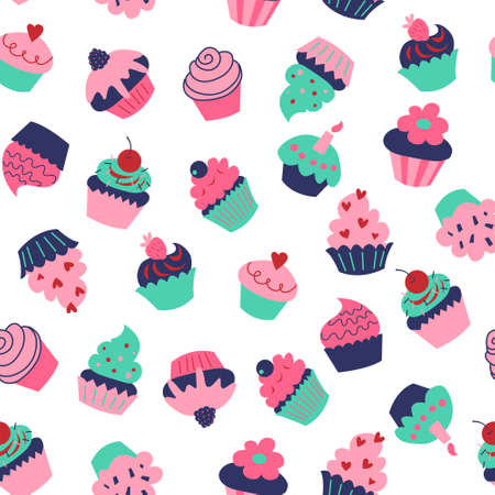Cute seamless texture with a different cupcakes and muffinsのイラスト素材