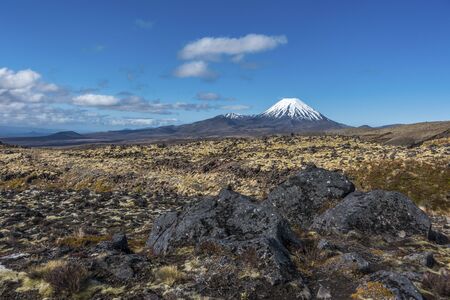Rocky dry fields with mountain covered by snow on horizonの写真素材