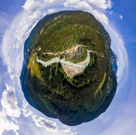 Aerial view panorama of river in the middle of forests