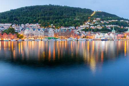 Bergen,Norway - July 20, 2016 : Beautiful scenery of light and building with reflection at Bergen,Norway in summer midnightのeditorial素材