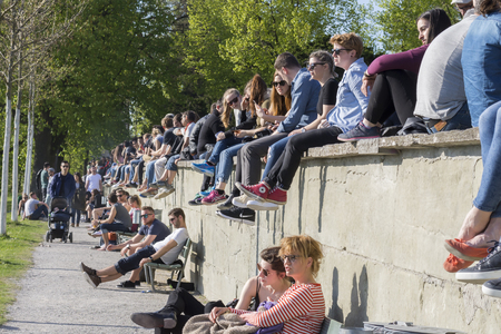Bern, Switzerland - April 14,2017 : People relaxing at Rosengarten, The rose garden is a park northeast of the old town of Bern . It is popular as a vantage point with good views of the old town.のeditorial素材