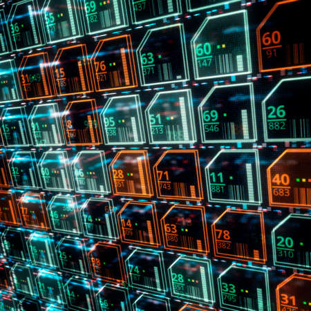 Glowing modern processor with big illuminated graphic surrounding by other electrical components. Print of modern technology design.の写真素材