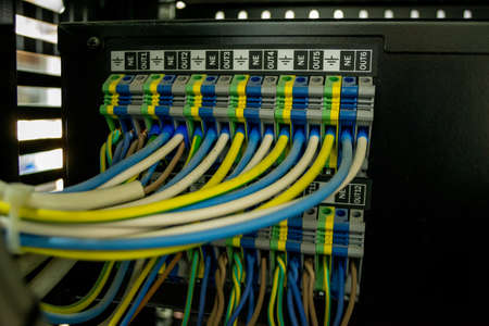 Fiber Optical connector interface. Fibre Channel swich. Severs computer in a rack at the large data center. has a small noise.の写真素材