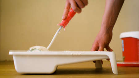 Close-up shot of a roller picking up paint from a plastic tub. Home renovation and renovation concept.の写真素材