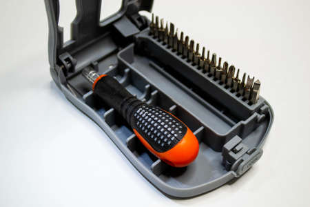 set tools isolated on a white background. Shot of screw drivers with bit set pz ph equipment to...
