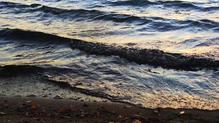 Waves of dark water washing the shore of the lake in the park. Media. Autumn background.の写真素材