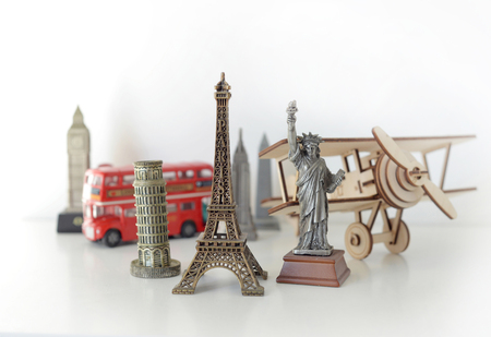 Travel and tourism concept with souvenirs from around the world. Planning summer vacation. Trip conceptの写真素材