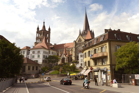 Lausanne, Switzerland - June 05, 2017: People near Cathedral of Notre Dame in Lausanne, Switzerland. Daily life in Lausanne.のeditorial素材