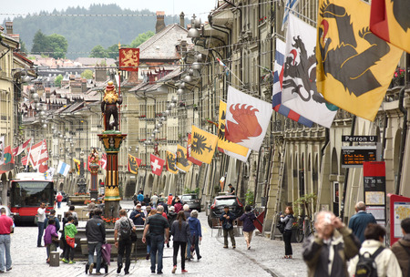 Bern, Switzerland - June 04, 2017: People in old city center of Bern. Shopping street in the old medieval city of Bern, Switzerland.er of Bern, Switzerland.のeditorial素材