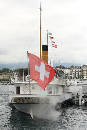 Geneva, Switzerland - June 05, 2017: Swiss Flag on the cruis boat in Geneva, Switzerland.のeditorial素材