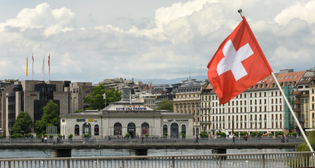 Geneva, Switzerland - June 05, 2017: La Cite du Temps building and Swiss Flag in Geneva, Switzerlandのeditorial素材