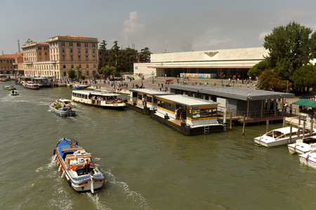 Venice, Italy - June 08, 2017: Venetian water bus or vaporetto near Santa Lucia railway station (Stazione di Venezia Santa Lucia) in Venice.のeditorial素材