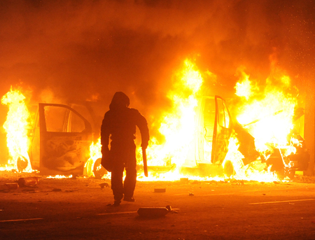 Burning car, unrest, riot, crimeのeditorial素材