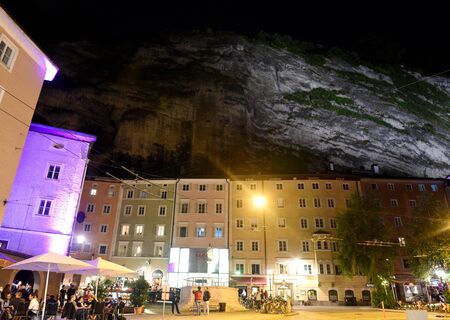 Salzburg, Austria - 1 June, 2017: Night street life in Salzburg.のeditorial素材