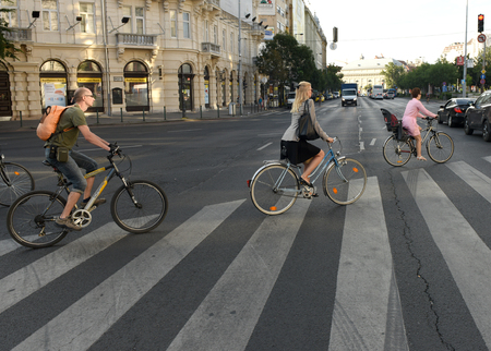 Budapest, Hungary - August 29, 2017: Cyclists on street of Budapest.のeditorial素材