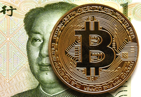 Coins Bitcoin and China money bill yuan with Mao Zedong, 
China, Cryptocurrencyのeditorial素材
