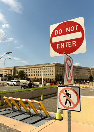 Washington, DC - June 01, 2018: Safety barriers and stop sign in front of Pentagon building, headquarters for the United States Department of Defense.のeditorial素材