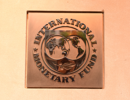 Washington, DC - June 04, 2018: Emblem of International Monetary Fund on the Headquarters 2 Building (HQ2) in DC.のeditorial素材