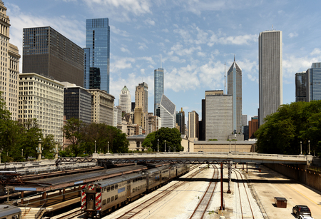 Chicago cityscape  with a trains on the station in downtown , USAの写真素材