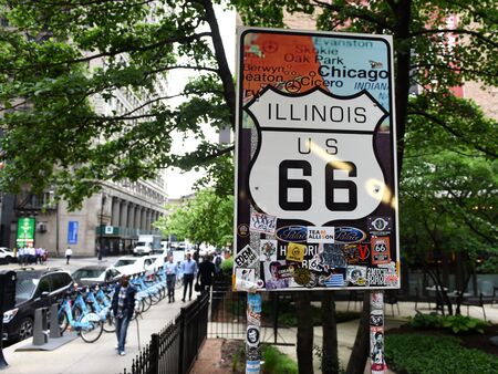 Chicago, USA - June 06, 2018: Historic Route 66 Begin Sign in Chicago, Illinois.のeditorial素材