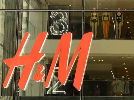 New York, USA - June 8, 2018: H&M logo on the store in New York.のeditorial素材