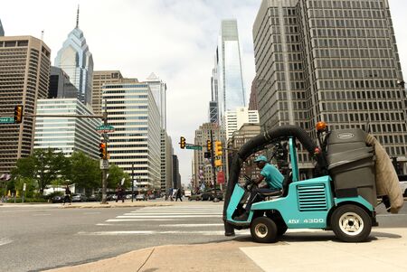 Philadelphia, USA - May 29, 2018: Street Vacuum Cleaner machine (Street Sweepers) in downtown of Philadelphia, PA, USA