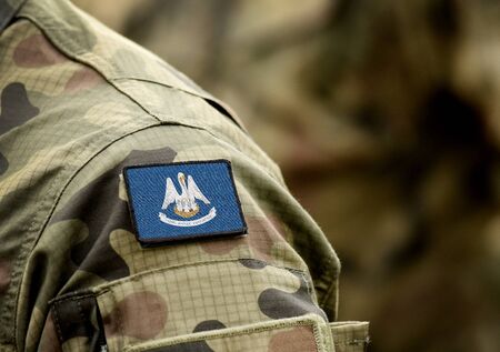 Flag the State of Louisiana on military uniform. United States. USA, army, soldiers. Collage.