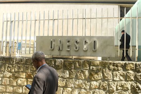 Paris, France - August 30, 2019: People near the main UNESCO building in Paris, France.のeditorial素材