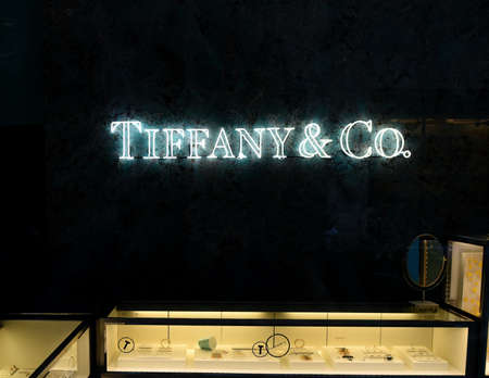 New York, USA - May 25, 2018: Tiffany logo in the Tiffany store in New York, NYのeditorial素材
