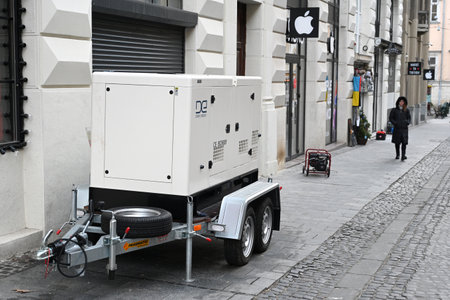 Lviv, Ukraine - Dec 29, 2022: A electricity generator outside a store during a power outage...
