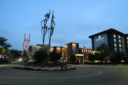 Kamloops, BC, Canada - July 17, 2023: Downtown the city of Kamloops at night.のeditorial素材