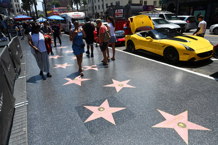 Los Angeles, California, USA - July 29, 2023: A people at the Hollywood Walk of Fame stars in Los Angeles.のeditorial素材