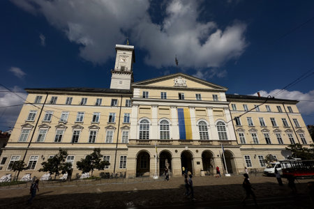 Lviv, Ukraine - September 18, 2023: A general view of the City Hall at Rynok square in city of Lviv.のeditorial素材