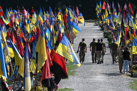 Lviv, Ukraine - August 29, 2023: Military cemetery of Ukrainian soldiers killed during combat with Russian troops.のeditorial素材