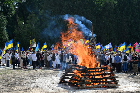 Lviv, Ukraine - June 3, 2024: A symbolic bonfire during  funeral ceremony of Iryna Tsybukh, a combat medic of the Hospitallers volunteer battalion, who was killed in action.のeditorial素材