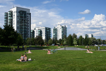 Jyvaskyla, Finland - July 26, 2024: People in the city of Jyvaskyla in Finland.のeditorial素材