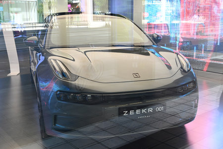 Stockholm, Sweden - July 30, 2024: Zeekr electric vehicle in salon  in downtown of Stockholm.