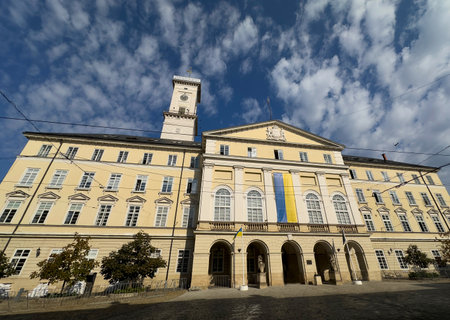 The Lviv City Hall at Rynok square in city of Lviv, Ukraineの写真素材