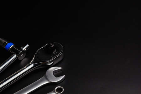 The wrench steel tools for repair on black background.の写真素材