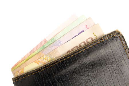 wallet with money isolated on white backgroundの写真素材
