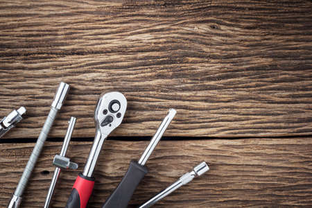 Working tools on wooden backgroundの写真素材