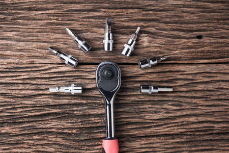 working tools on wooden table background close up,color effectの写真素材