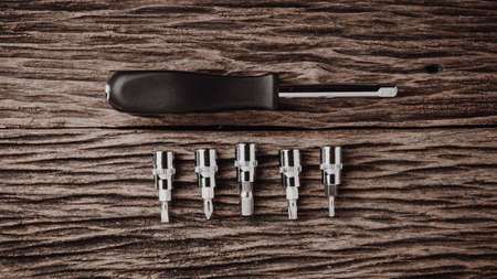 working tools on wooden background. color effect.の写真素材