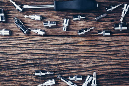 working tools on wooden background. color effect.の写真素材