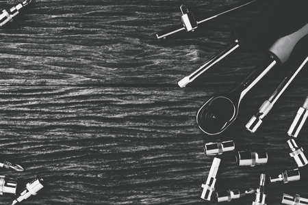 working tools on wooden background. color effect.の写真素材