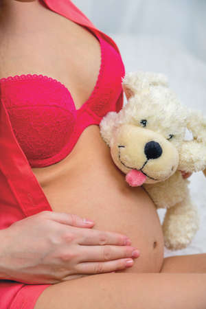 soft toy on the stomach of a pregnant girl in red underwearの写真素材